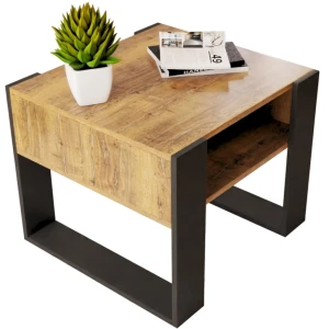 Quadratischer Couchtisch mit Ablageboden LANCELOT Eiche schwarze Beine 55x55cm