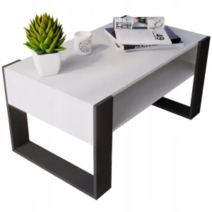 Weißer Couchtisch mit Ablageboden schwarze Beine 90x50cm rechteckig