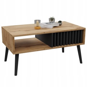 Skandinavischer Couchtisch mit Lamellen WOTAN Eiche/Schwarz LOFT mit Ablageboden