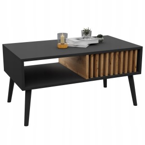 Skandinavischer Couchtisch mit Lamellen Schwarz/WOTAN LOFT mit Ablageboden